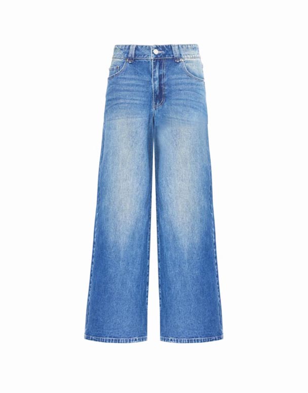 CHW01071 Jeans de Mezcla de Mezclilla de Tiro Bajo y Pierna Ancha con Placa de Marca y Cierre Automático