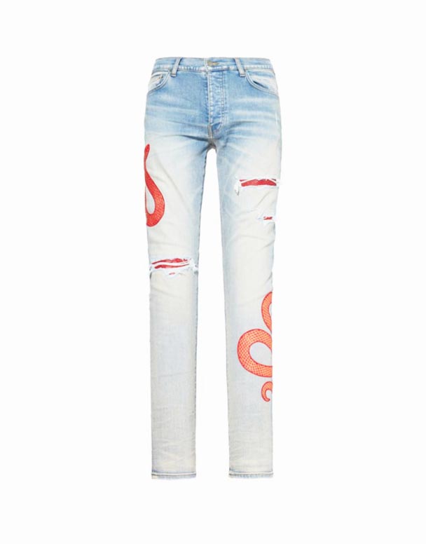 00103 Snake embroidered morðingi slim-fit teygja-denim gallabuxur