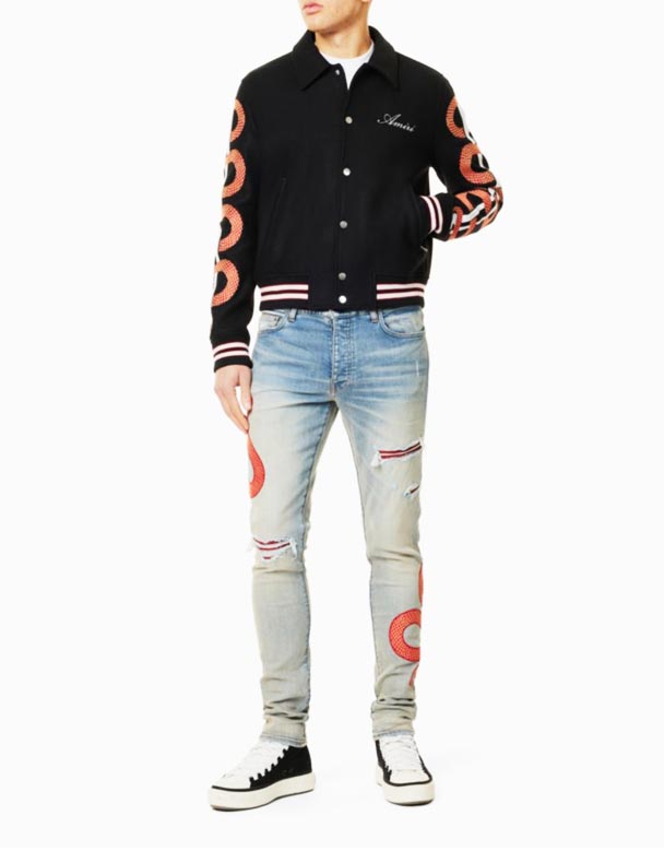 00103 Snake embroidered morðingi slim-fit teygja-denim gallabuxur