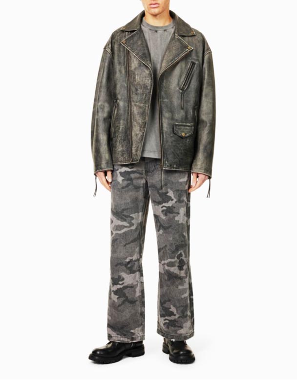 I-Cha00333 Colossus ukufihla-ukuphrinta imilenze ebanzi ekhululekile-fit denim-blend jeans