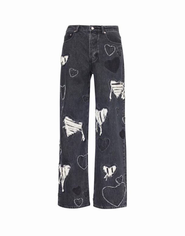 CHA00371 Jean denim déchiré patchwork cœur à jambe droite