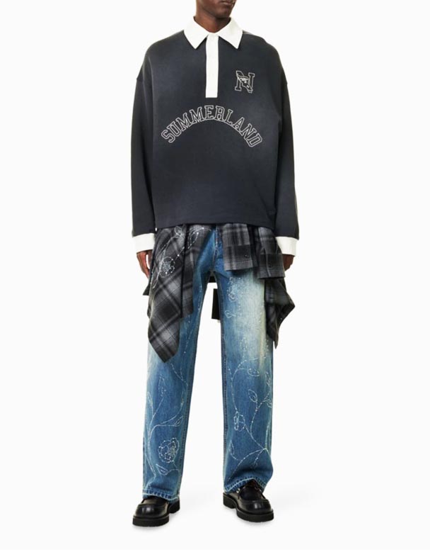 CHA00372 Jean en Denim à Jambes Larges et Perles