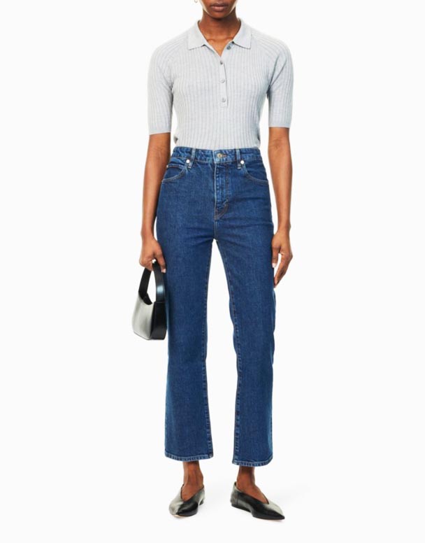 Ruler Uppskera Fimm Vasa Beint Fótur Hár-Rísa Teygja-Denim Gallabuxur
