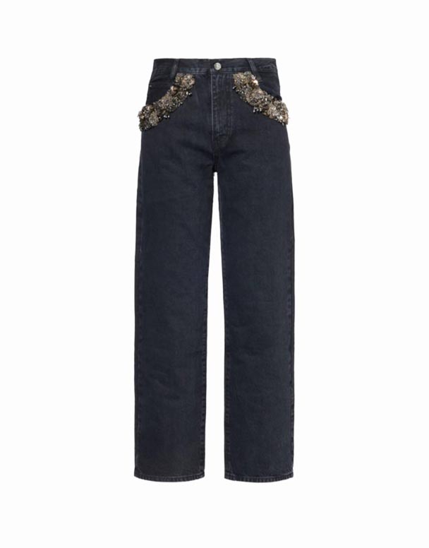 CHW00952 Boncuklu Askılı orta katlı düz bacaklı organik pamuklu denim kot pantolon