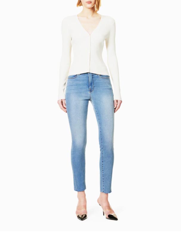 G01022 Góðir Fætur mjóir-fætur í meðalhæð uppskornar teygjur-denim gallabuxur