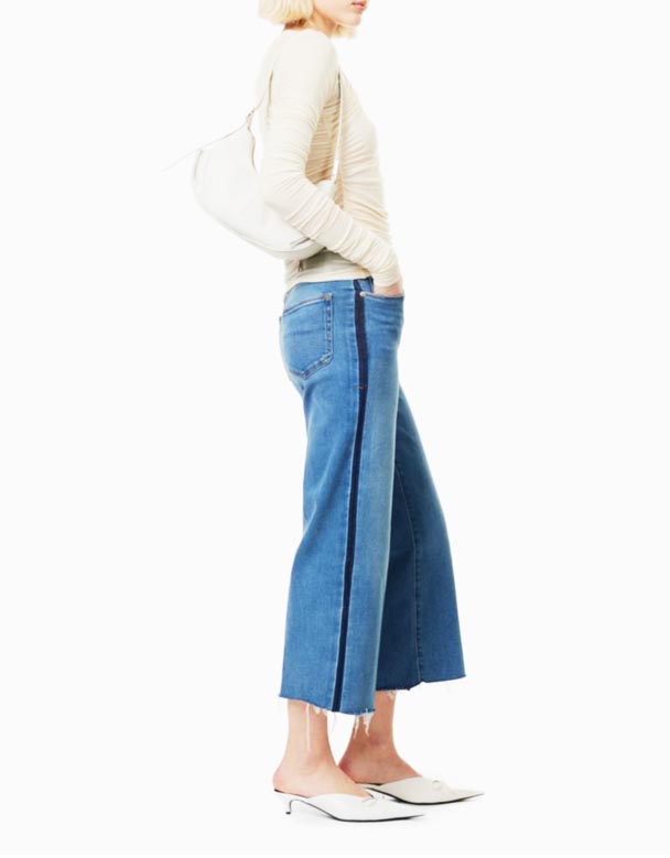 CHV01048 yaxşı bel, geniş, yüksək uyğun, uzanan denim qarışığı ilə kəsilmiş Palazzo jeans