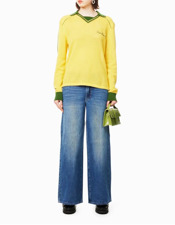 CHW01071 Jeans de Mezcla de Mezclilla de Tiro Bajo y Pierna Ancha con Placa de Marca y Cierre Automático