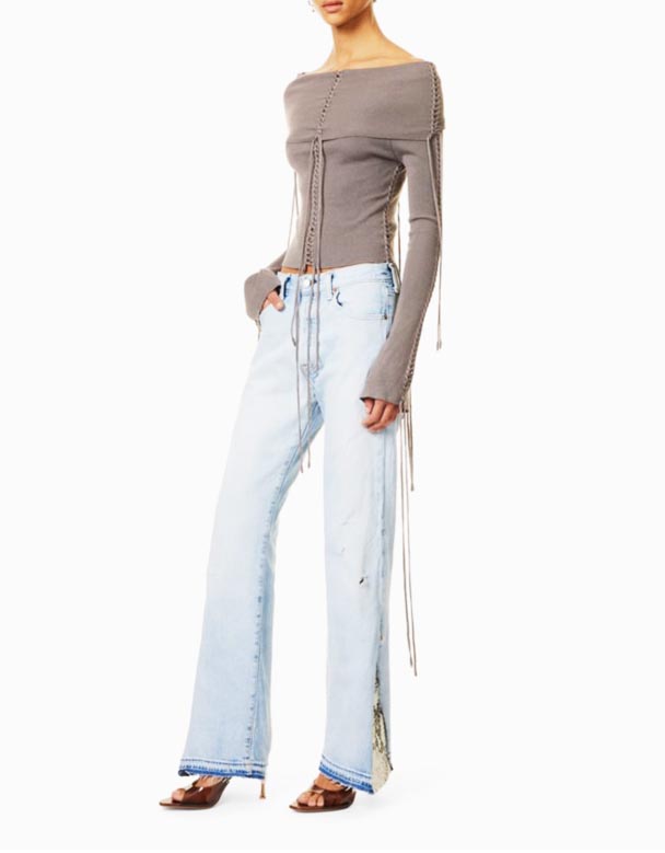 CHW01094 Le Flare snake-print-panels شلوار جین جین بلند و بلند