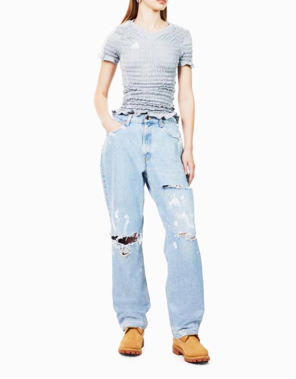 CHW01096 Distressed brand-patch barrel-leg mid-rise upcyklované džínové džíny