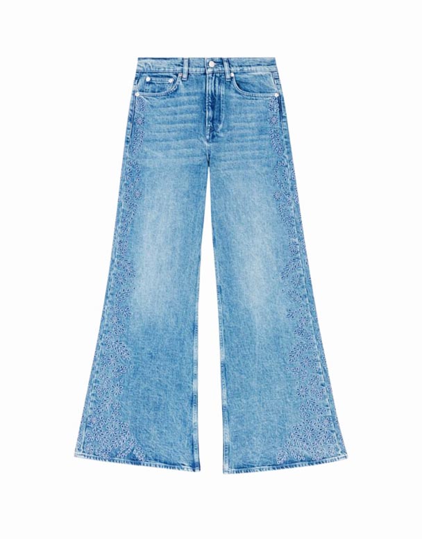 CHW01140 list-vyšívané široký-noha úsek-Denim džínsy