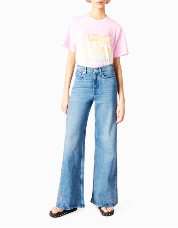 CHW01140 list-vyšívané široký-noha úsek-Denim džínsy
