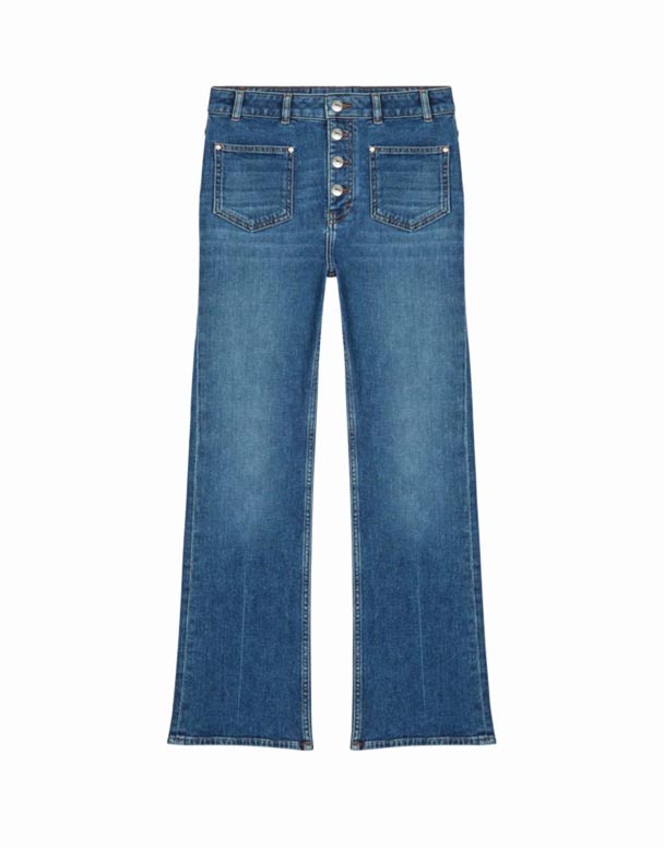 CHW01146 Jean en denim extensible taille haute boutonné à jambes évasées