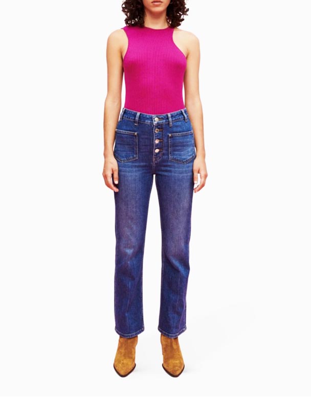 CHW01146 Jean en denim extensible taille haute boutonné à jambes évasées