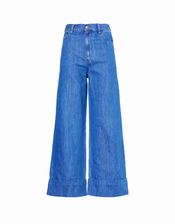 CHW01483 Jeans mit geknöpften Taschen, weitem Bein und hohem Bund aus Denim und Leinen