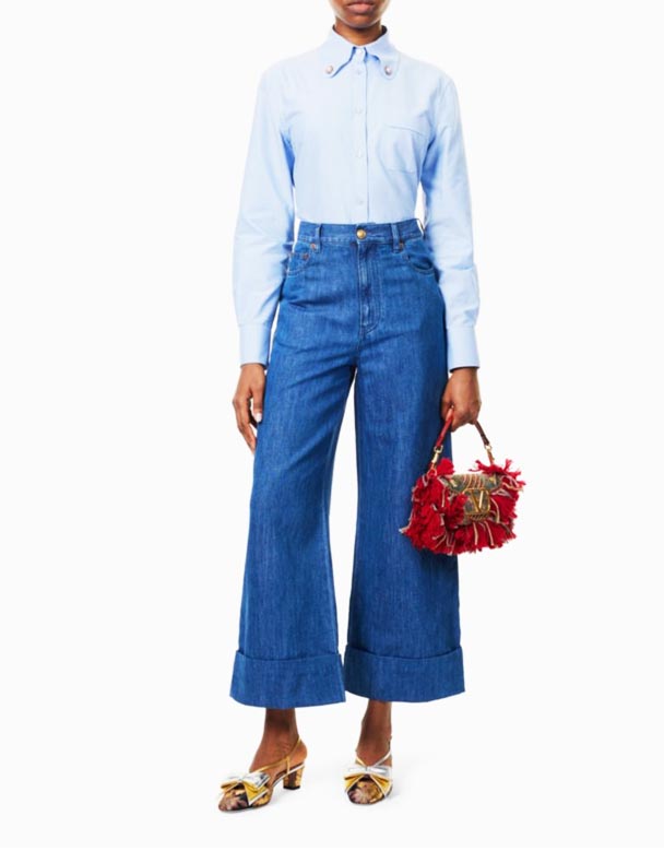CHW01483 Jeans mit geknöpften Taschen, weitem Bein und hohem Bund aus Denim und Leinen