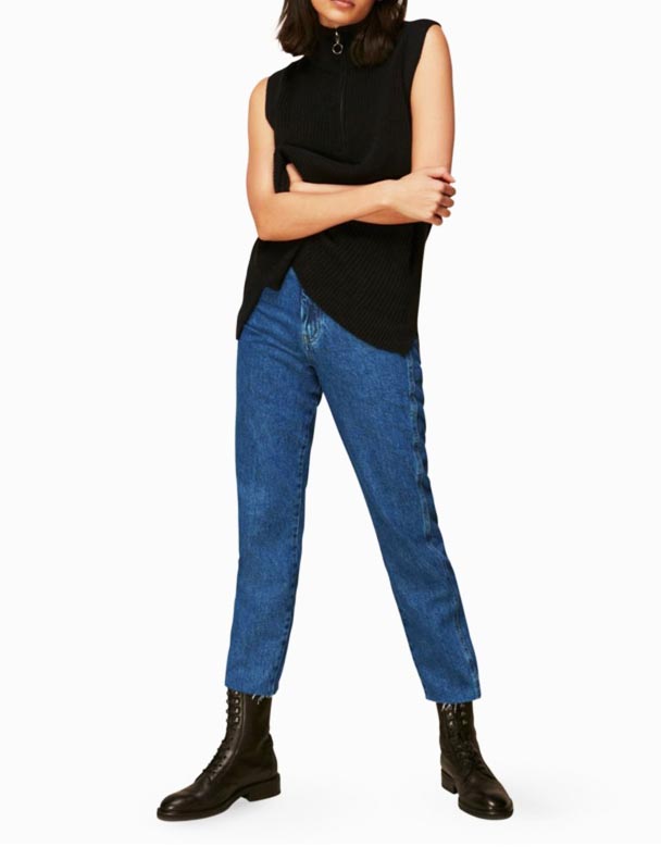 CHW01495 Otantik ince bacaklı yüksek katlı kırpılmış organik denim kot pantolon