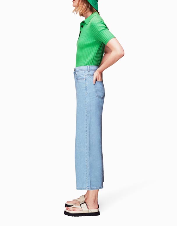 CHW01512 Jean raccourci en denim taille mi-haute à jambes larges